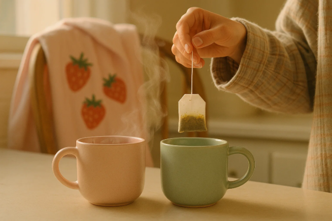 Steaming tea mugs on a kitchen counter with a strawberry-embroidered robe, reflecting an intimate, romantic moment in a cozy setting.