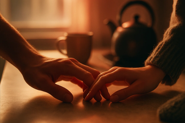 A close-up of two hands touching on a kitchen counter, with soft morning light. Alt Text: Hands gently touching on a kitchen counter, capturing an emotional, romantic turning point.
