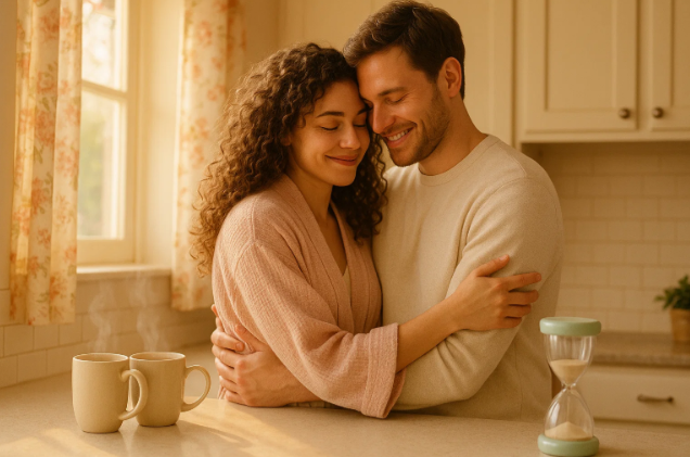 A couple embracing in a sunlit kitchen, with mugs of tea nearby. Alt Text: A couple’s tender embrace in a cozy kitchen, symbolizing a romantic happy ending.