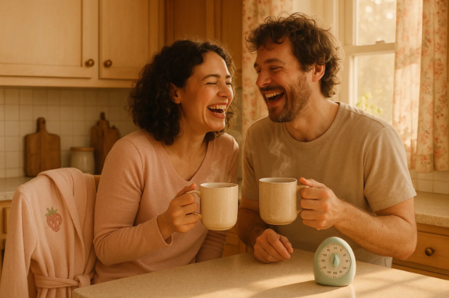 A couple laughing in a cozy kitchen, holding steaming mugs. Alt Text: A couple sharing a joyful moment in a sunlit kitchen, hinting at a lasting romantic connection.